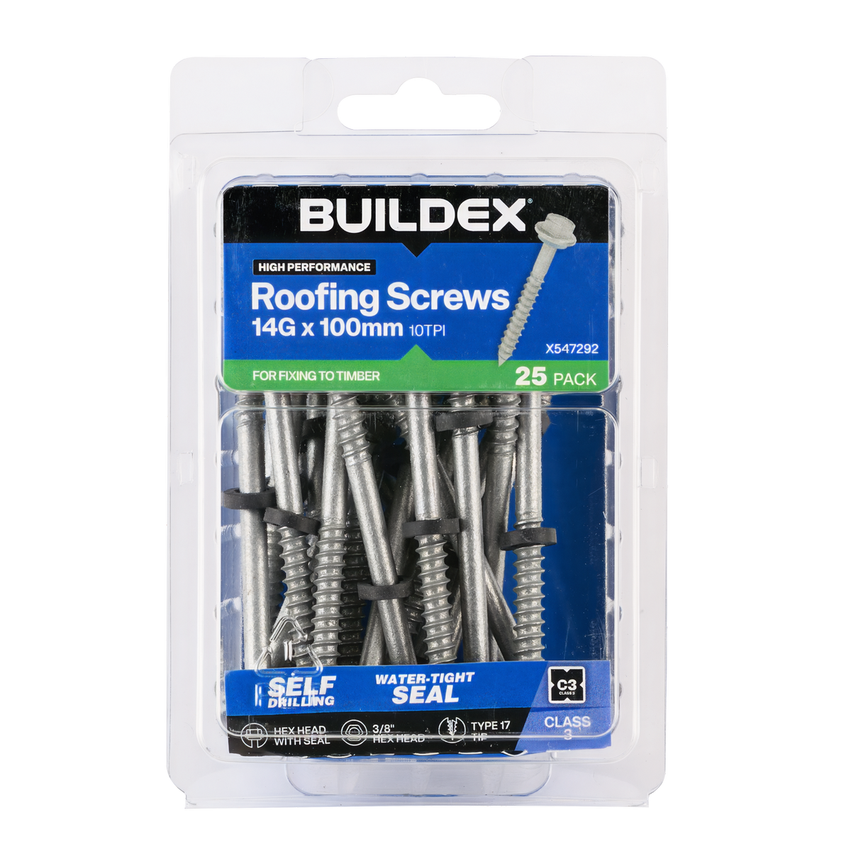 Buildex 14g x 100mm Class 3 Roofing Screws - 25 Pack - Zinc-alloy - Type 17 - SuperSaverAU - view 1