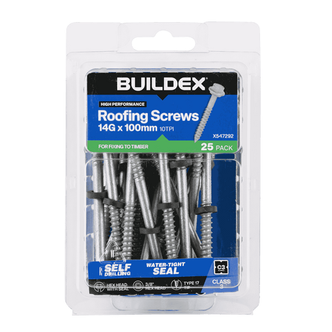 Buildex 14G x 100mm Class 3 Hex Head Roofing Screws with Seal, 25 Pack