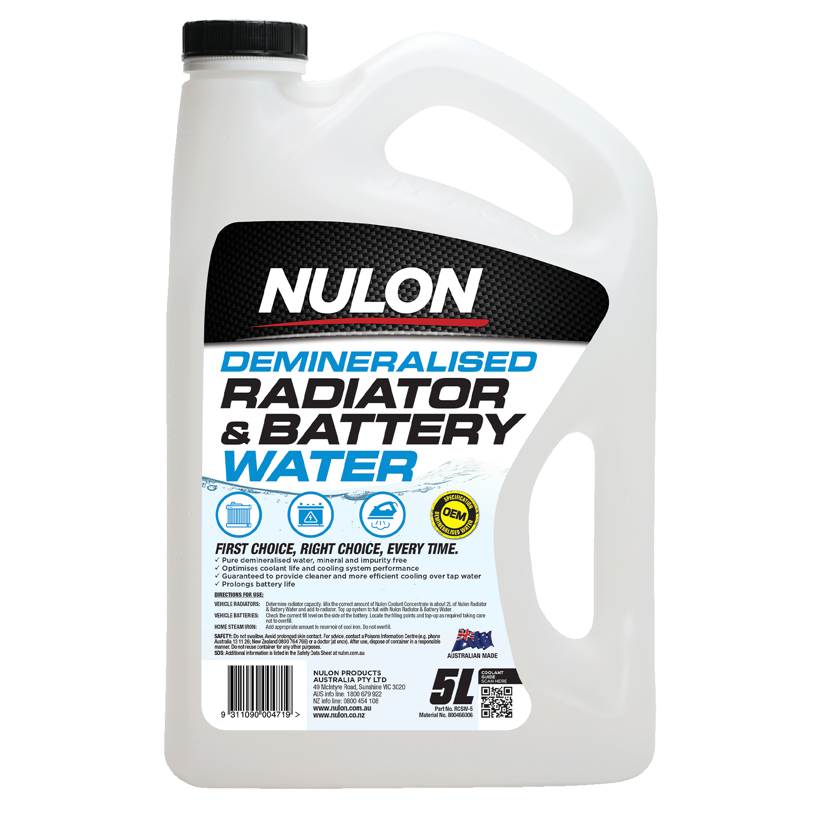 Nulon Radiator and Battery Water 5L Demineralised Top-Up
