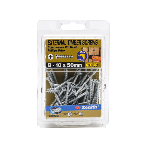 Zenith 8-10 x 50mm Galvanised Countersunk Rib Head Timber Screws - 50 Pack