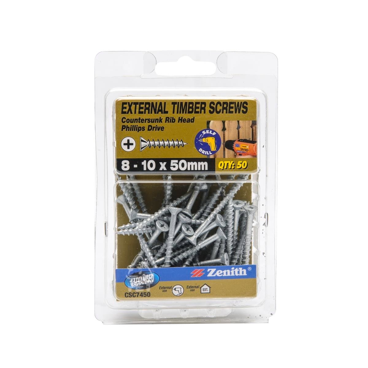 Zenith 8-10 x 50mm Galvanised Countersunk Rib Head Timber Screws - 50 Pack