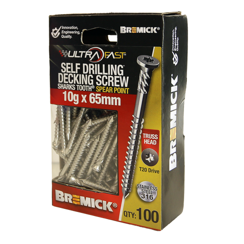 Bremick UltraFast 10g x 65mm 316 Stainless Steel T20 Truss Head Decking Screw - 100 Pack