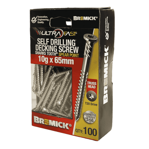 Bremick UltraFast 10g x 65mm 316 Stainless Steel T20 Truss Head Decking Screw - 100 Pack