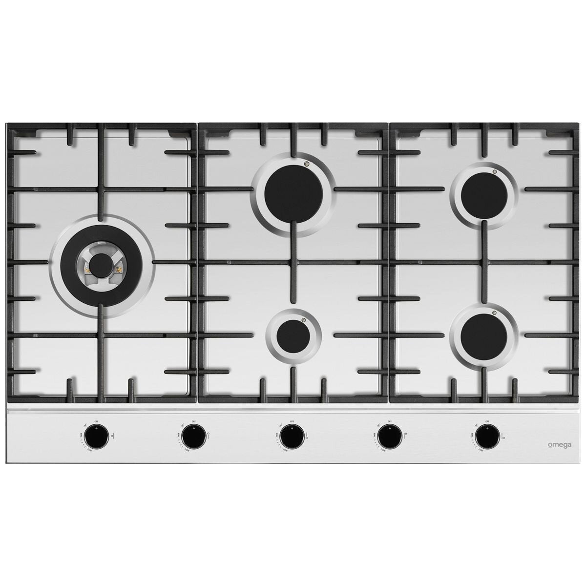 Omega 90cm Natural Gas Cooktop - Stainless Steel, Five Burners, Triple Ring Wok Burner - OCG905WX