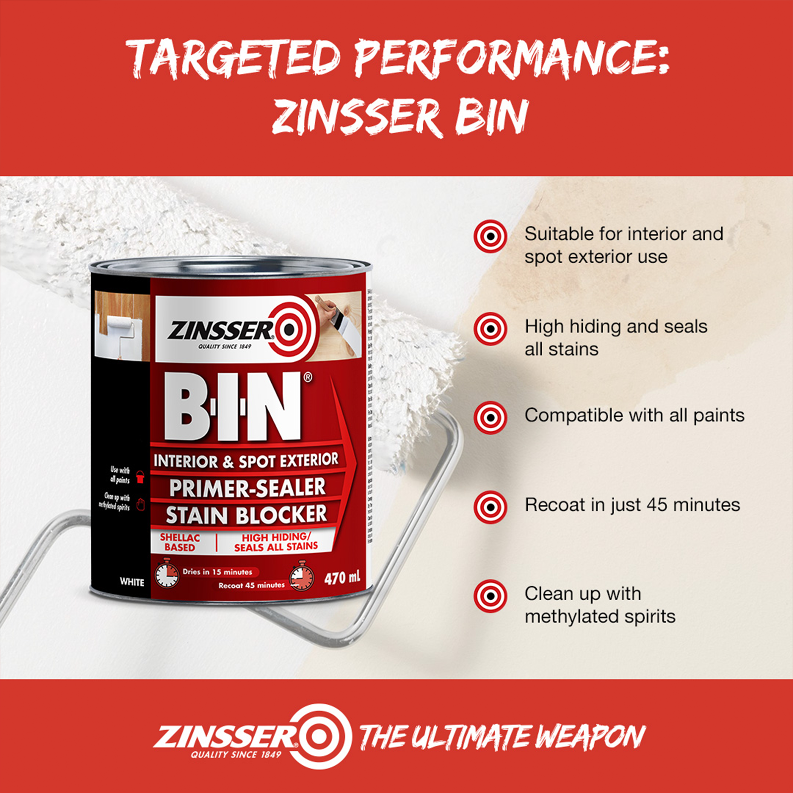 Zinsser B-I-N 3.78L White Shellac-Based Primer Sealer Stain Blocker Interior Tintable