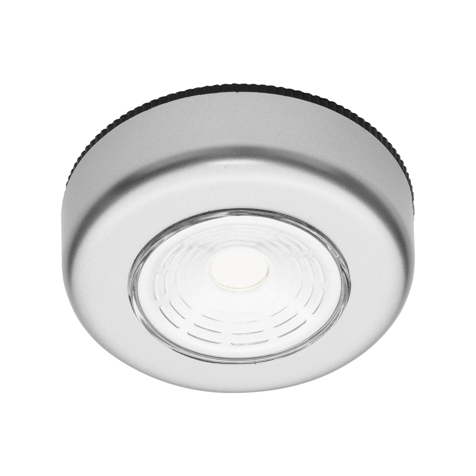Click Silver LED Puck Lights 4 Pack, Cordless Push-On, Indoor, Self-Adhesive