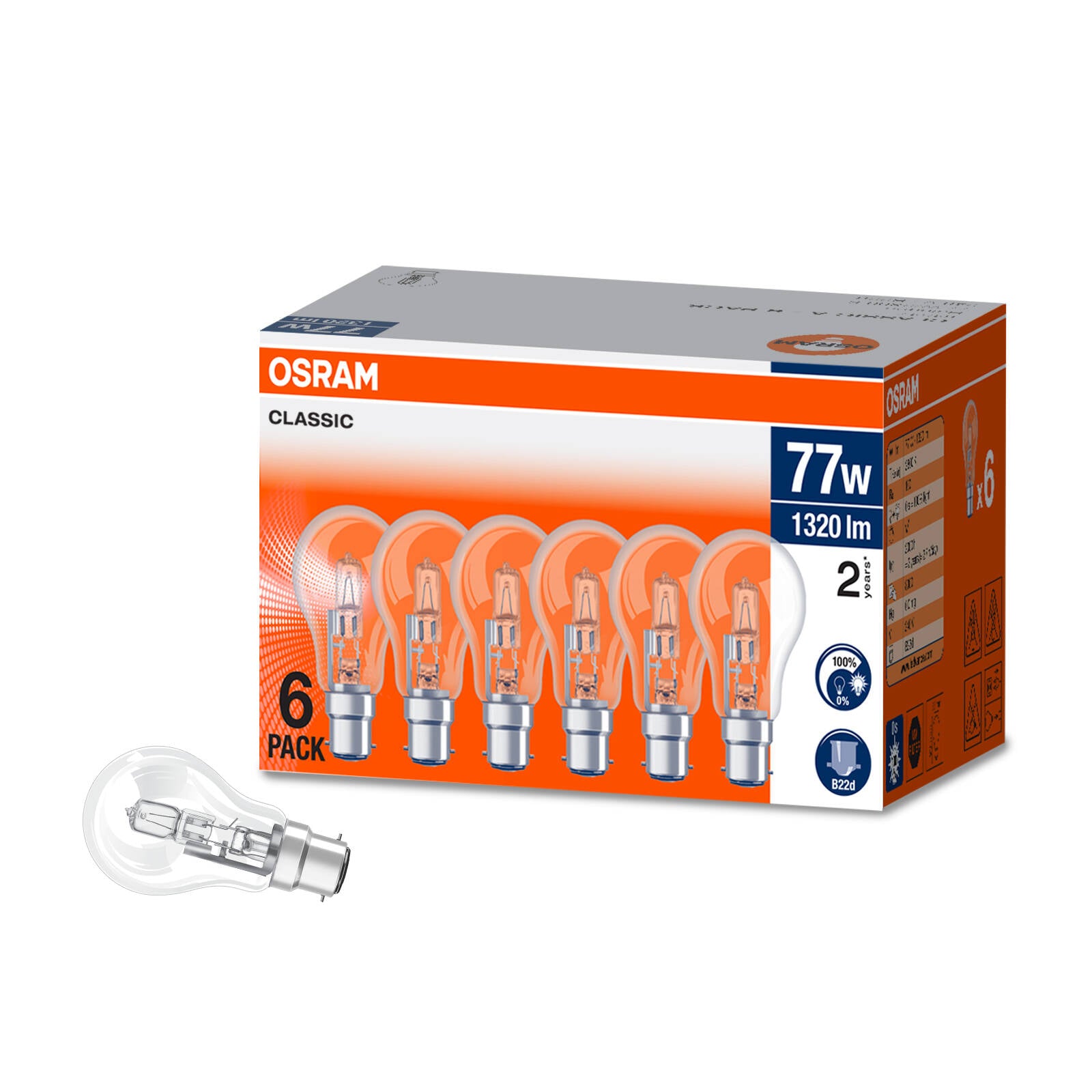 Osram Classic AShape Halogen Globe 77W Clear B22, Dimmable, 1320lm, 6 Pack
