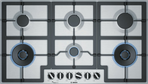 Bosch 90cm Series 6 Stainless Steel Gas Cooktop - Six Burners, FlameSelect, Dual Flame Wok - PCT9A5B90A