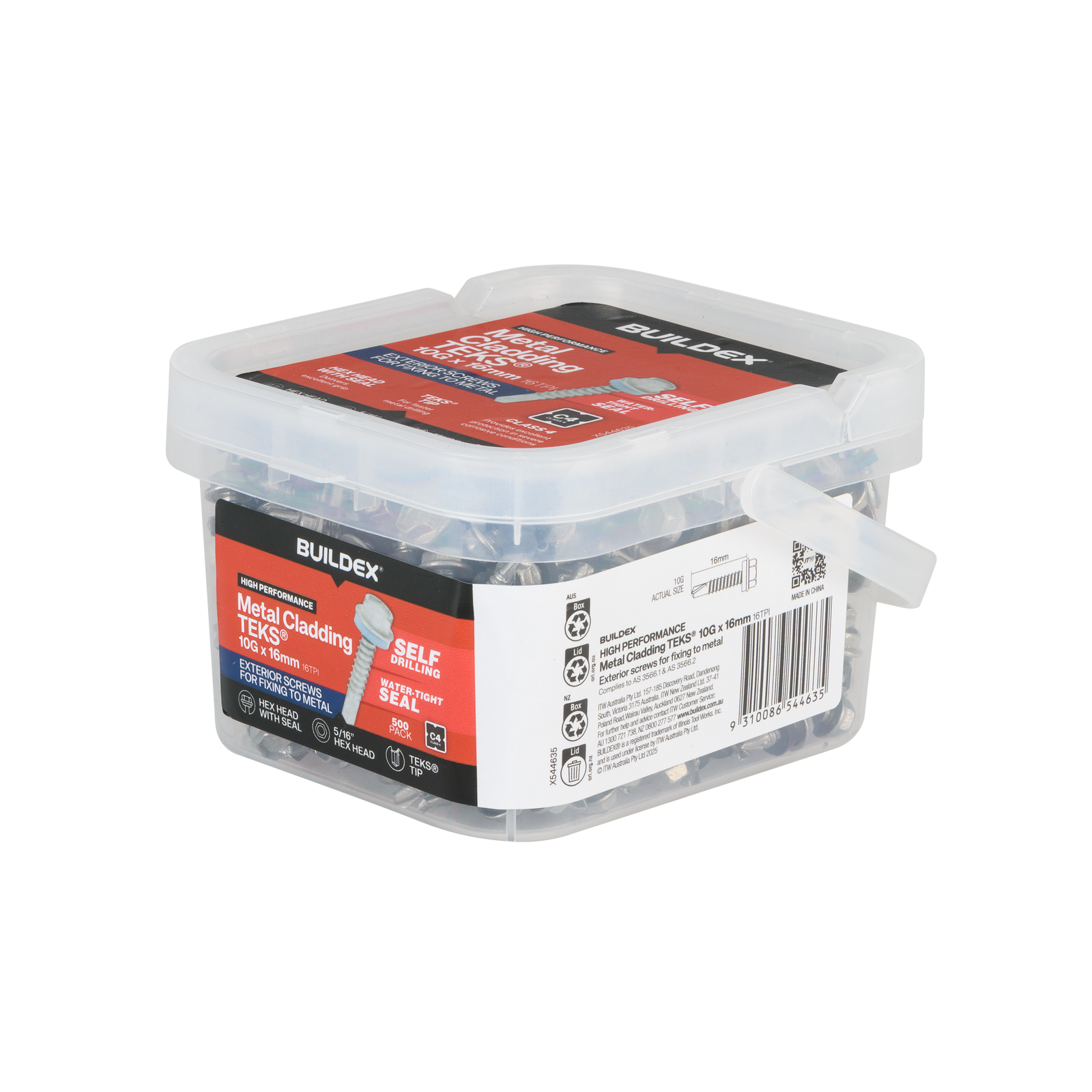 Buildex 10G x 16mm Class 4 Metal Cladding TEKS Screws with Seal, Hex Head - 500 Pack