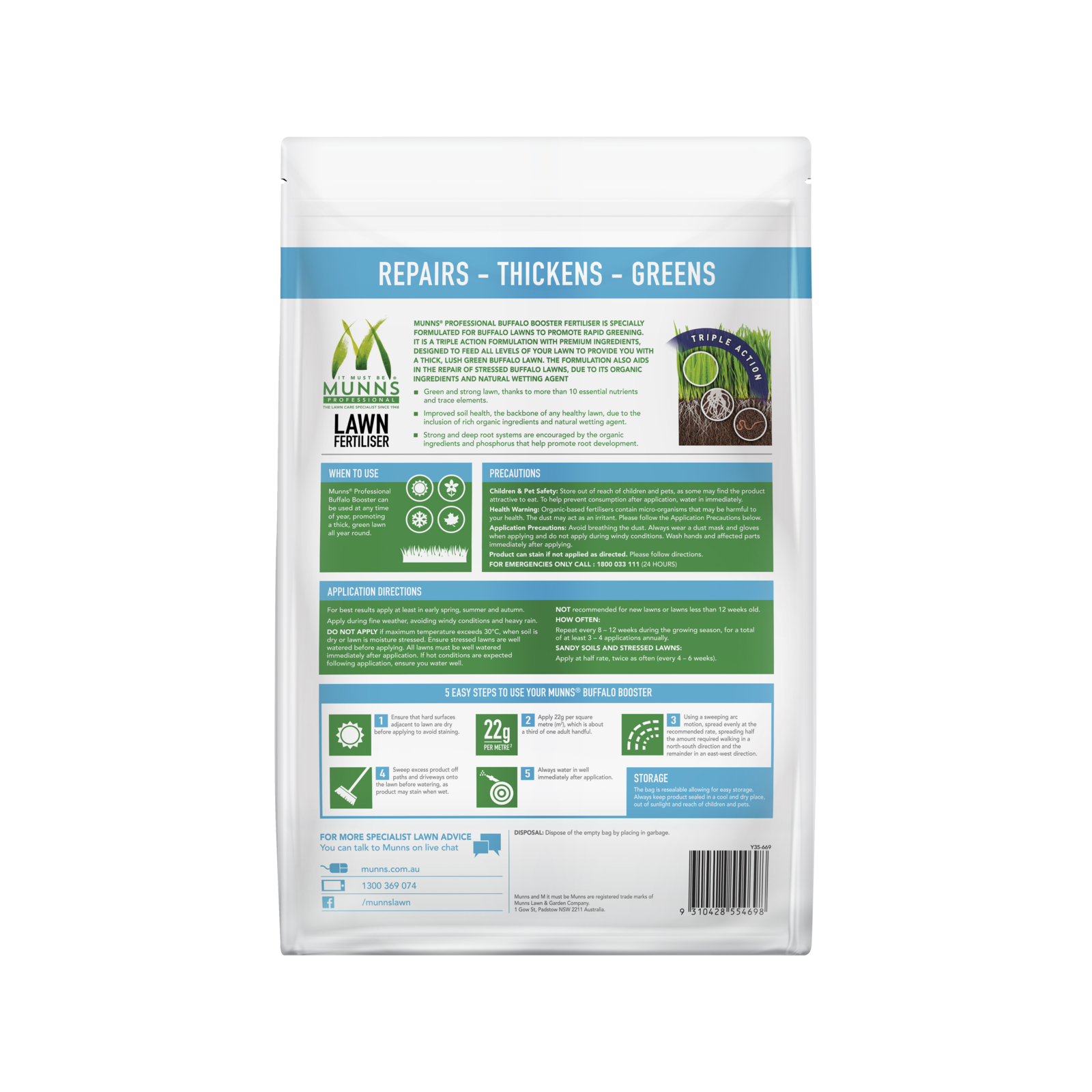 Munns Professional 5kg Buffalo Booster Granular Lawn Fertiliser 220sqm Coverage