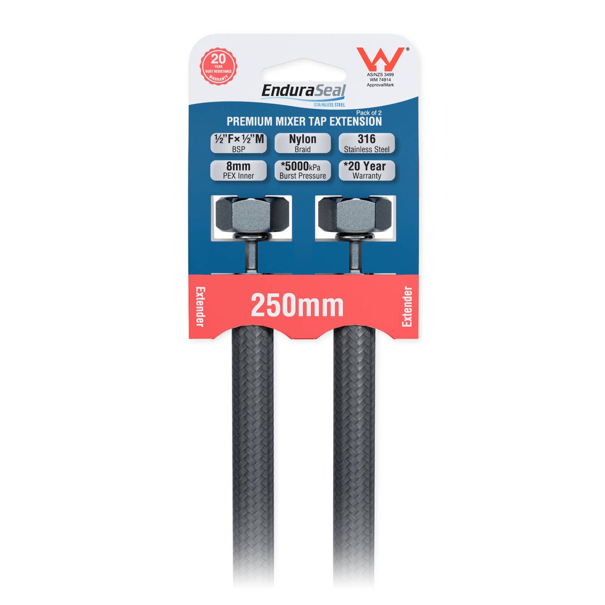 Enduraseal 250mm Silver Flexible Braided Extension Water Connector 2 Pack - Durable - Rust Resistant - SuperSaverAU - view 2