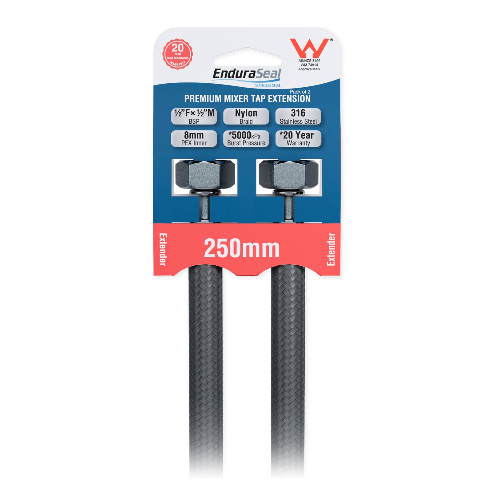 EnduraSeal 250mm Silver Flexible Braided Extension Water Connector 2 Pack 500kPa