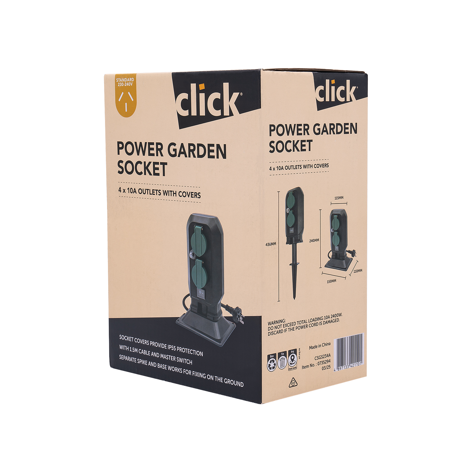Click 4 Outlet 10A 240V Outdoor Power Garden Stake Socket CSGS234A