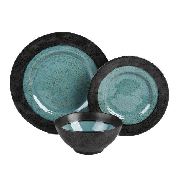 ShervinVerkil Lagoon 12 Piece Stoneware Dinner Set - Black/Blue Dual Reactive Glaze - SVLDS12