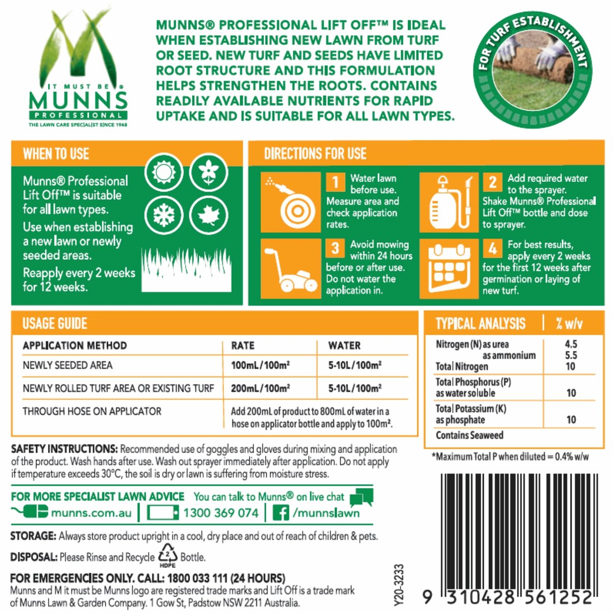 Munns Professional 1L Lift Off Liquid Lawn Fertiliser Concentrate