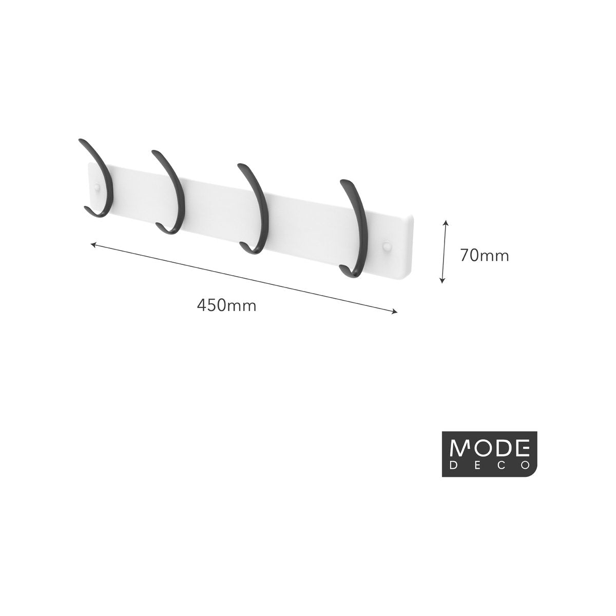 Mode 4 Black Hooks on White Board Hat & Coat Rack 450mm