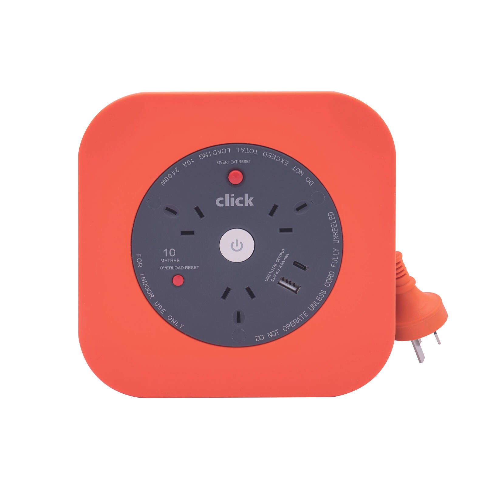 Click 10m 3 Outlet Square Cable Reel with USB Charger, Overload Protection Indoor
