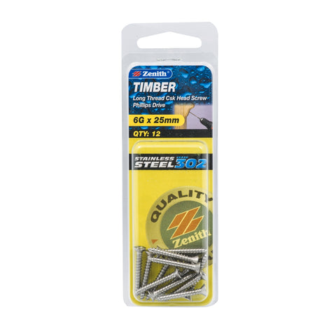 Zenith 6G x 25mm 302 Stainless Steel Countersunk Timber Screws - Long Thread, Phillips, 12 Pack