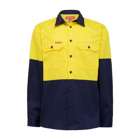 Hard Yakka Core Hi-Vis 2-Tone Vented Cotton Long Sleeve Shirt Yellow/Navy Size 3XL