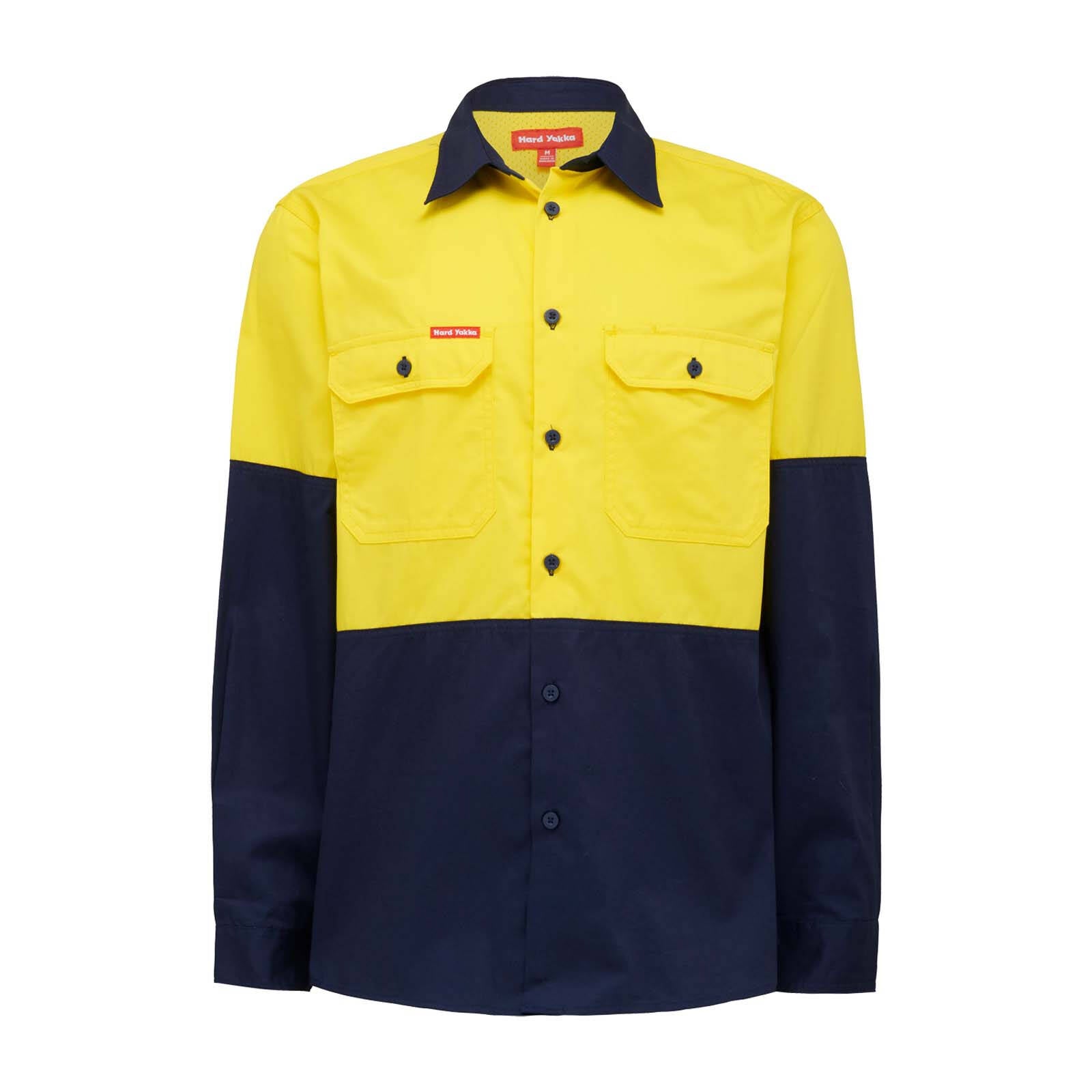 Hard Yakka Core Hi-Vis 2-Tone Vented Cotton Long Sleeve Shirt Yellow/Navy Size 3XL