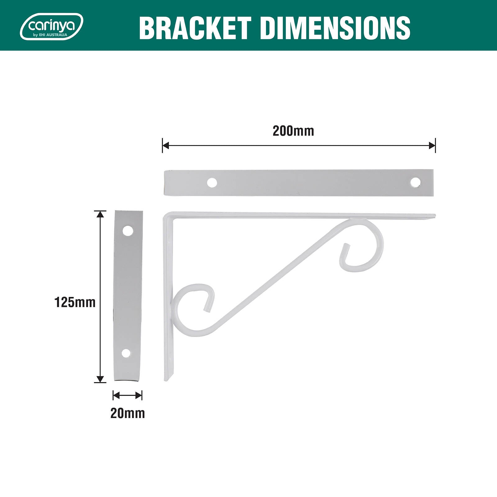Carinya 200 x 125mm White Powder Coated Steel Scroll Stayed Bracket 100kg