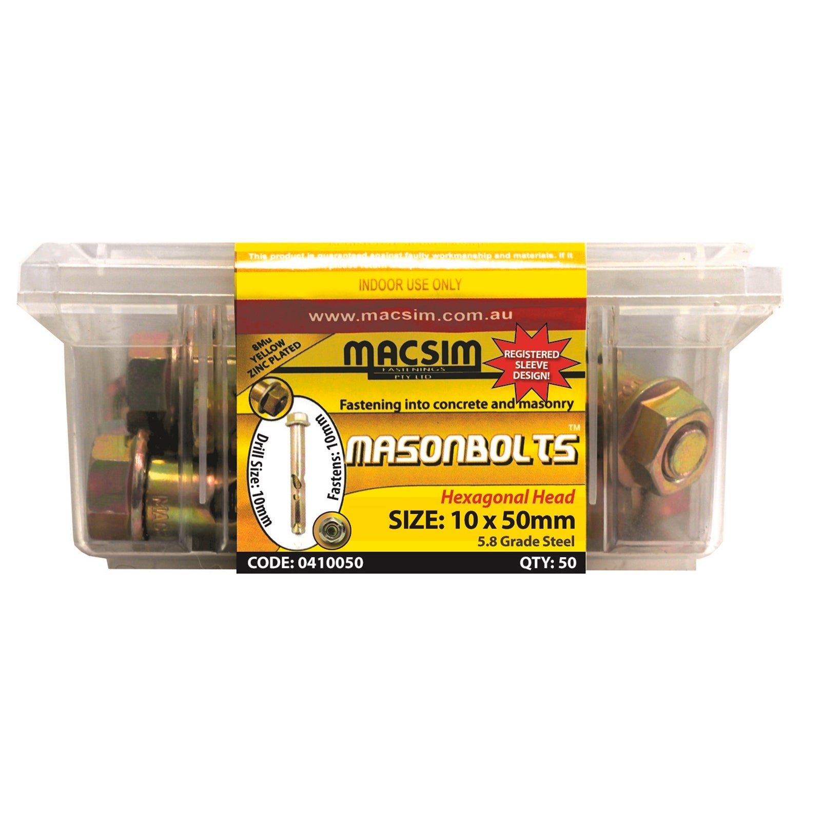 Macsim 10 x 50mm Masonbolt Sleeve Anchor Yellow Zinc 5.8 Grade Steel - 50 Pack