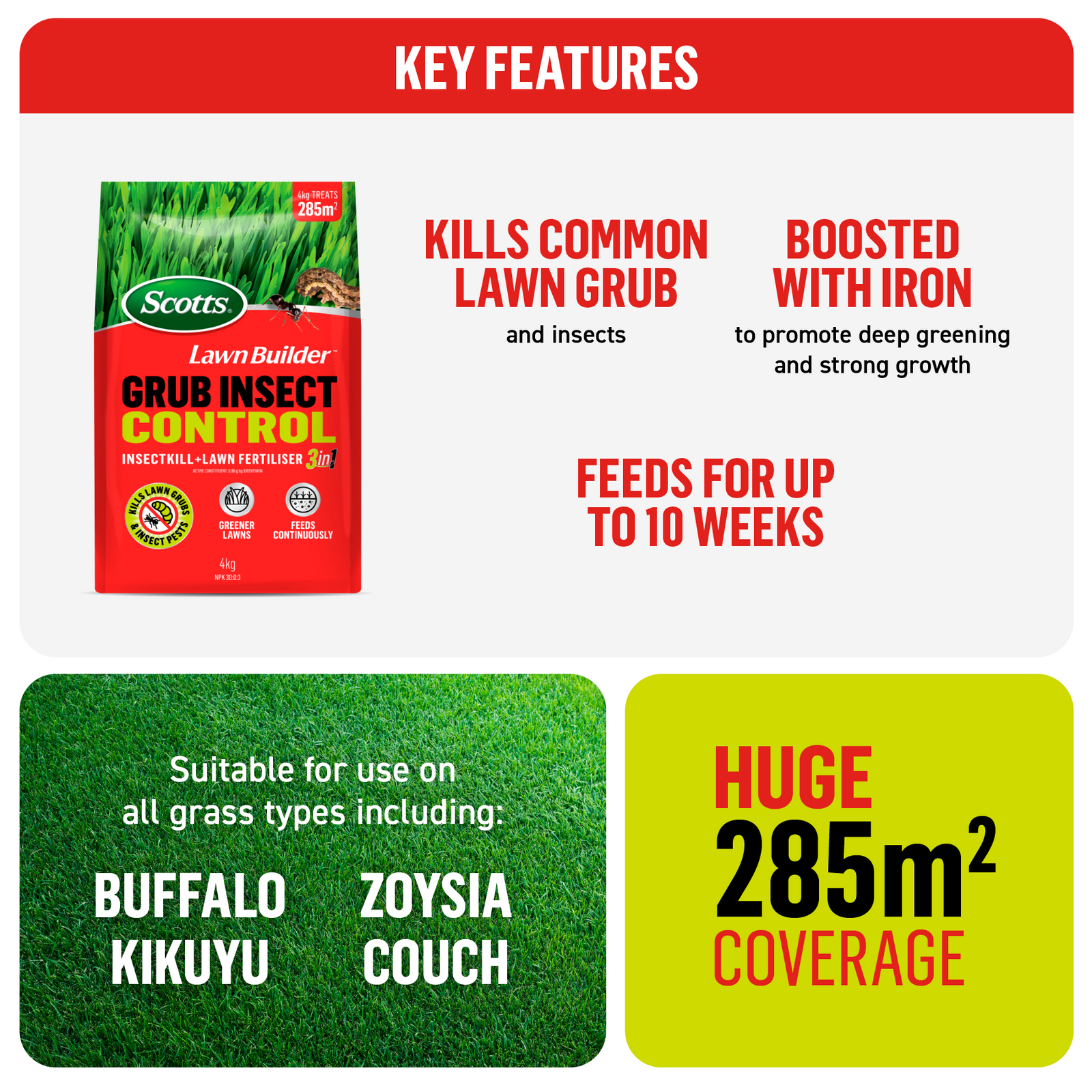 Scotts Lawn Builder 4kg Grub + Insect Control 3-in-1 Granular Lawn Fertiliser