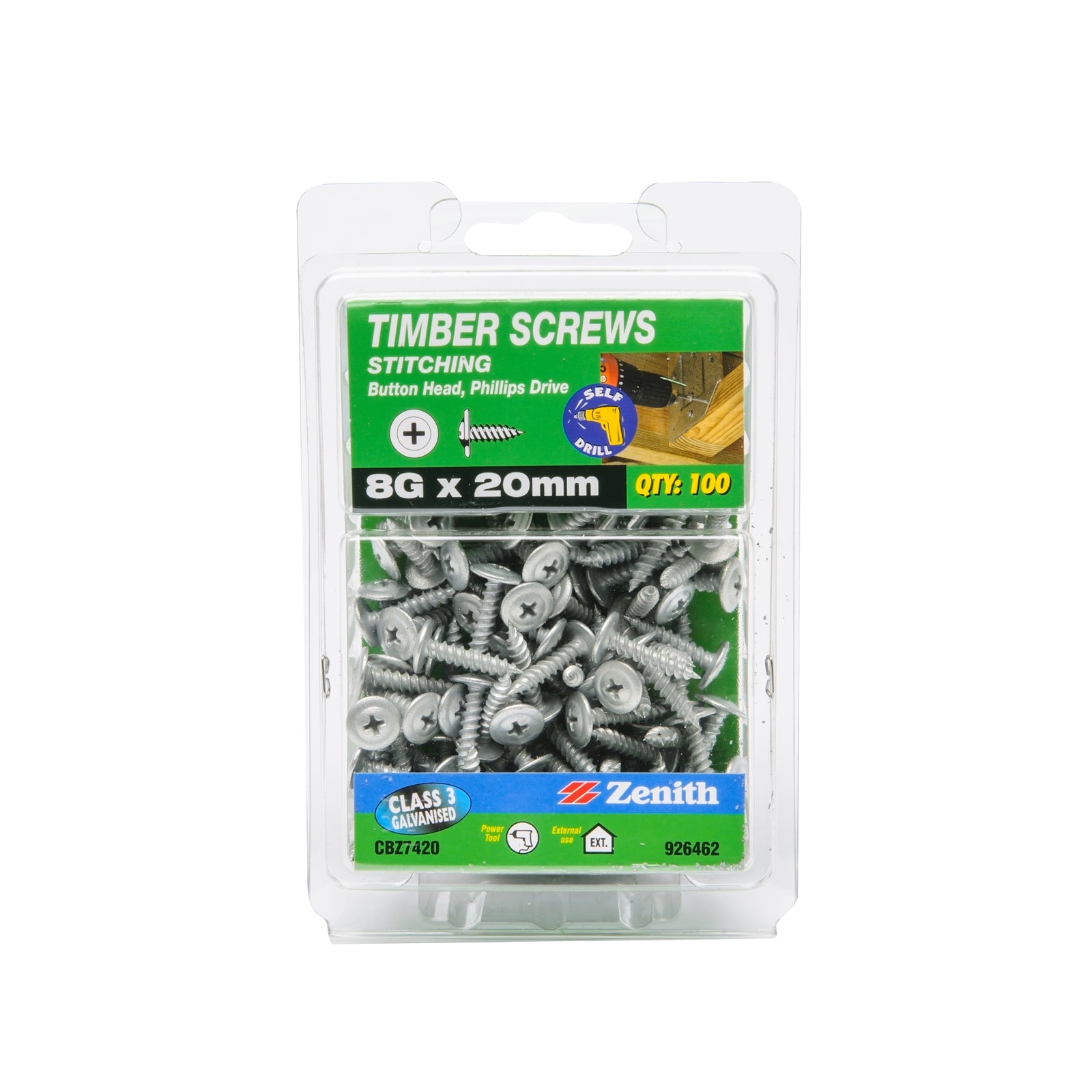 Zenith 8G x 20mm Galvanised Button Head Stitching Timber Screws - 100 Pack