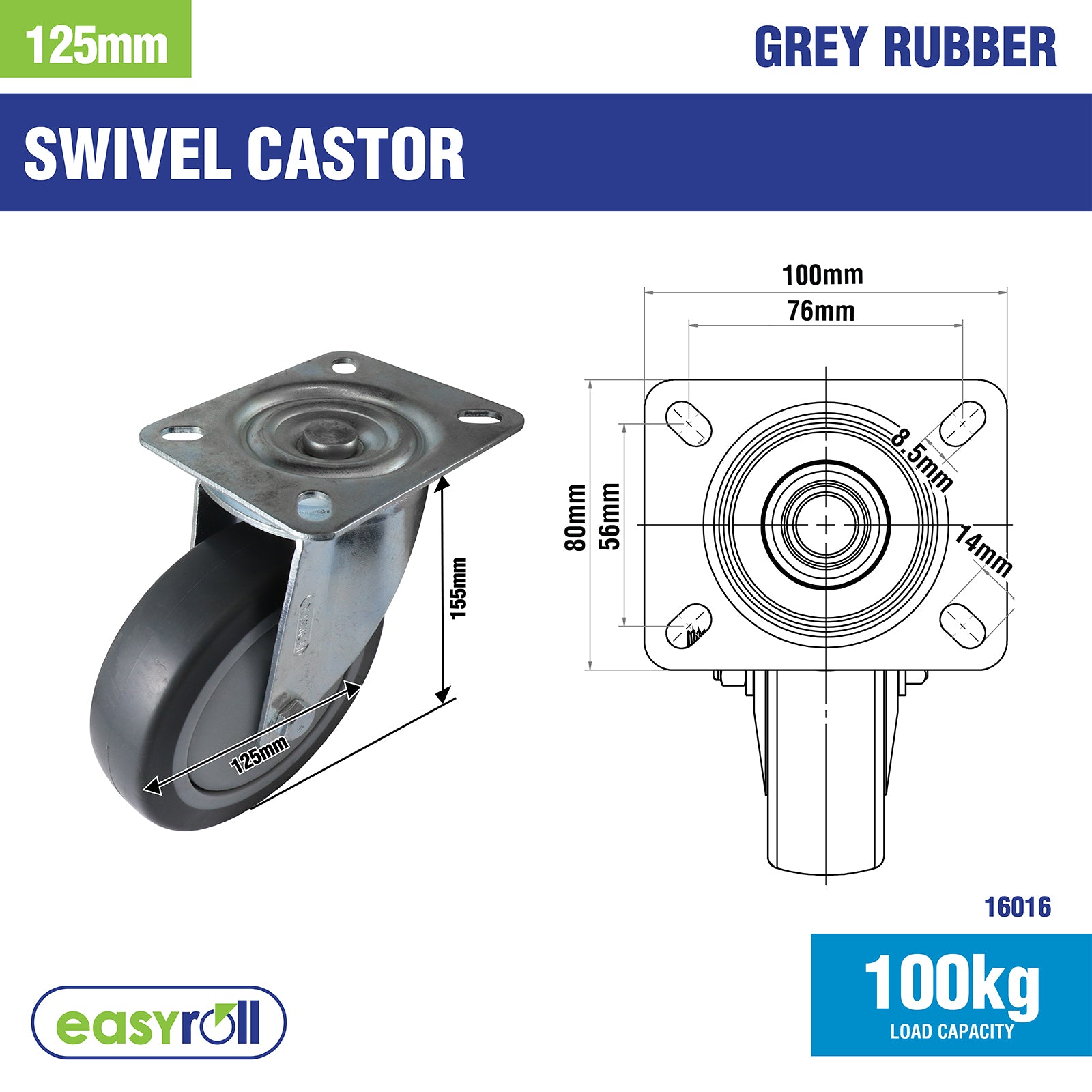 Easyroll 125mm Grey Rubber Heavy Duty Swivel Castor 100kg