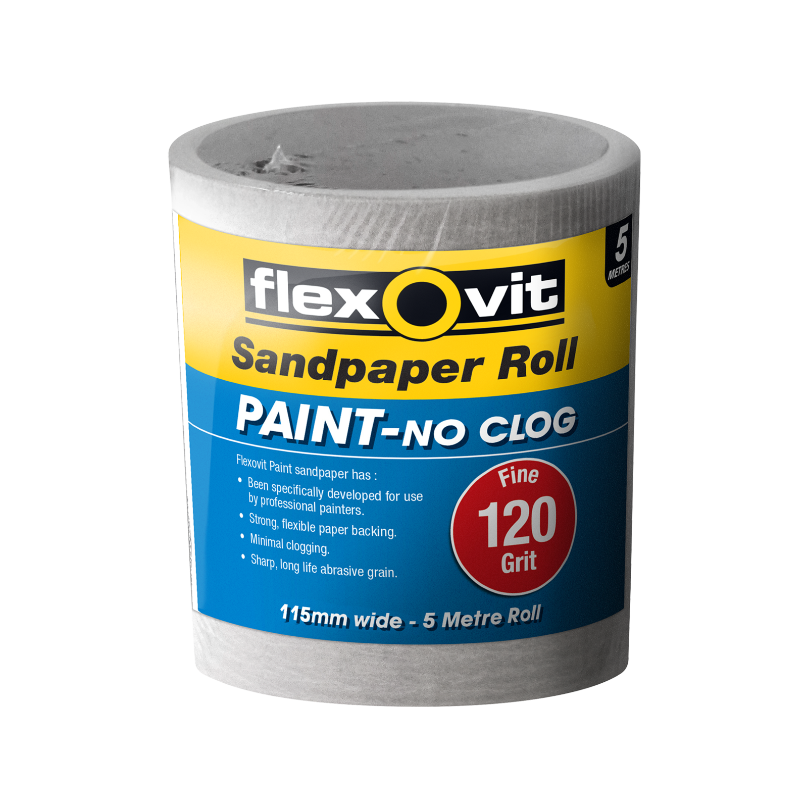 Flexovit 115mm x 5m 120 Grit Painted Surface Sandpaper Roll, Aluminium Oxide, No-Clog