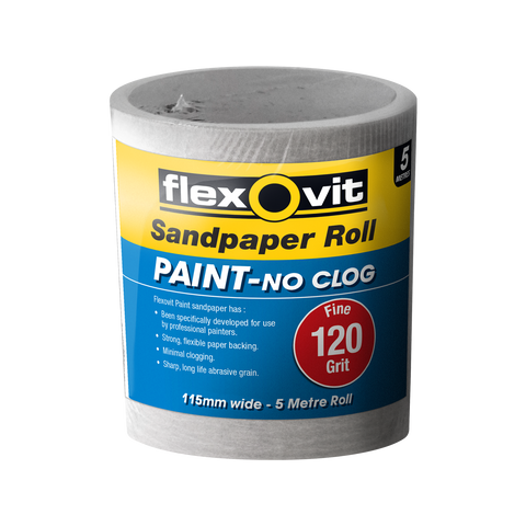 Flexovit 115mm x 5m 120 Grit Painted Surface Sandpaper Roll, Aluminium Oxide, No-Clog