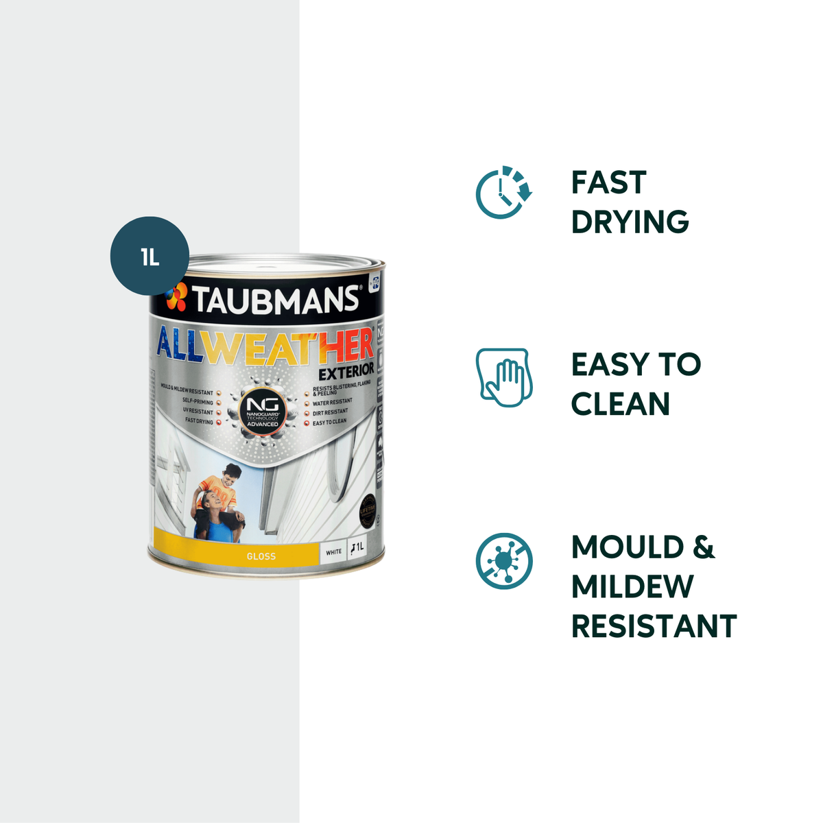 Taubmans 1L White Gloss All Weather Exterior Paint - Mould Resistant - Fast Drying - SuperSaverAU - view 2