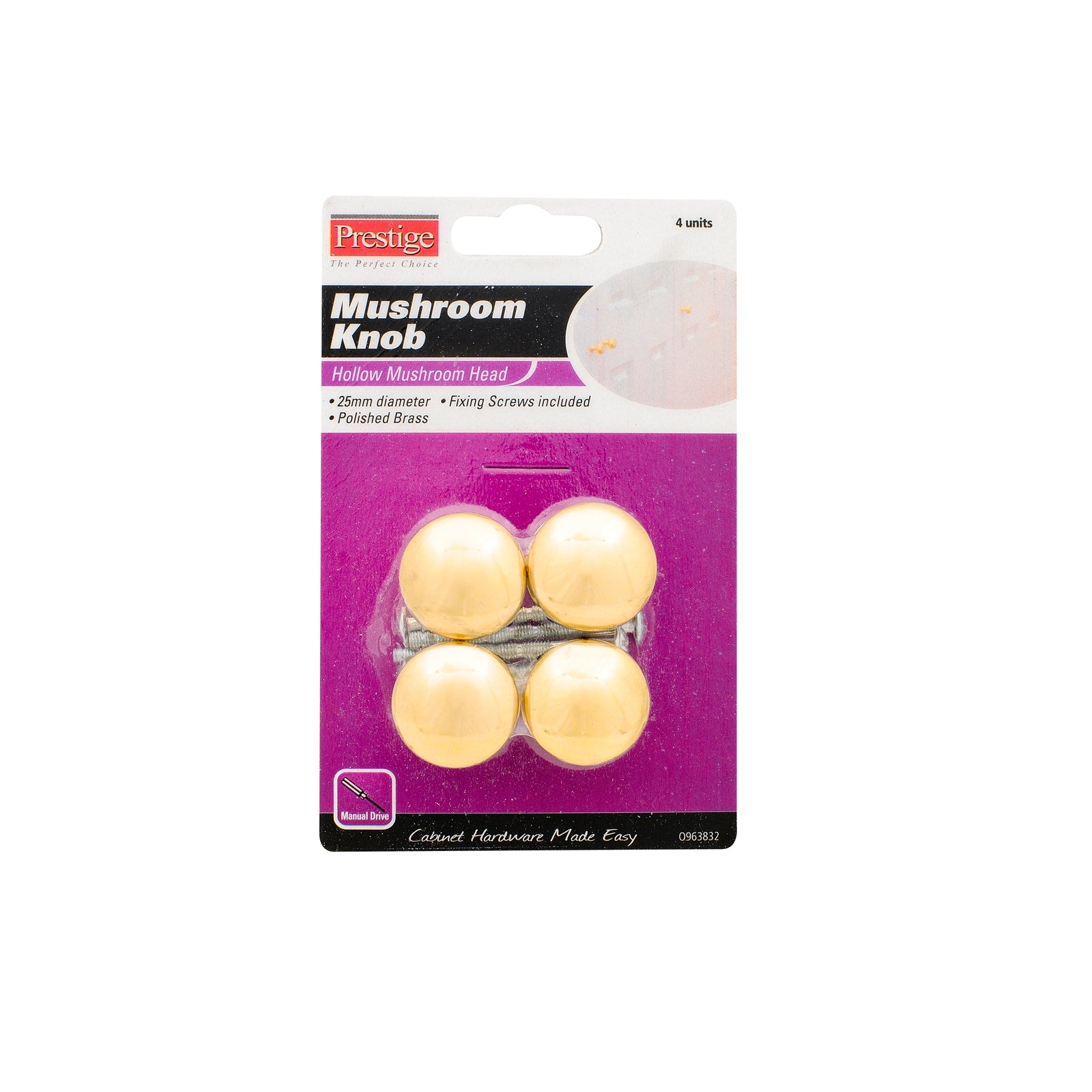 Prestige 25mm Polished Brass Hollow Mushroom Cupboard Knob, 4 Pack