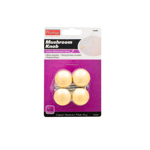 Prestige 25mm Polished Brass Hollow Mushroom Cupboard Knob, 4 Pack