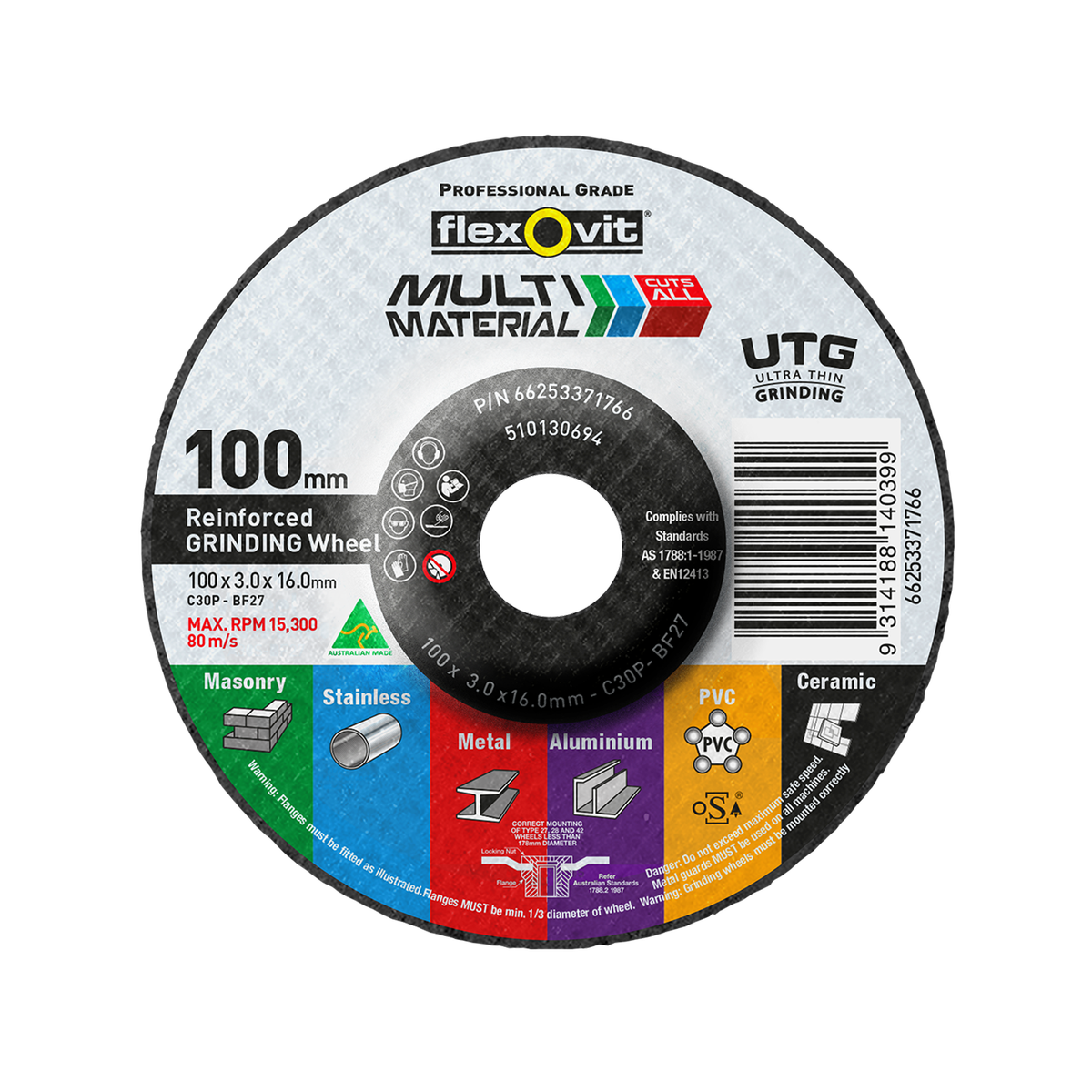 Flexovit Grinding Wheel 100mm Multi Material Ultra Thin Easy Control - SuperSaverAU - view 1