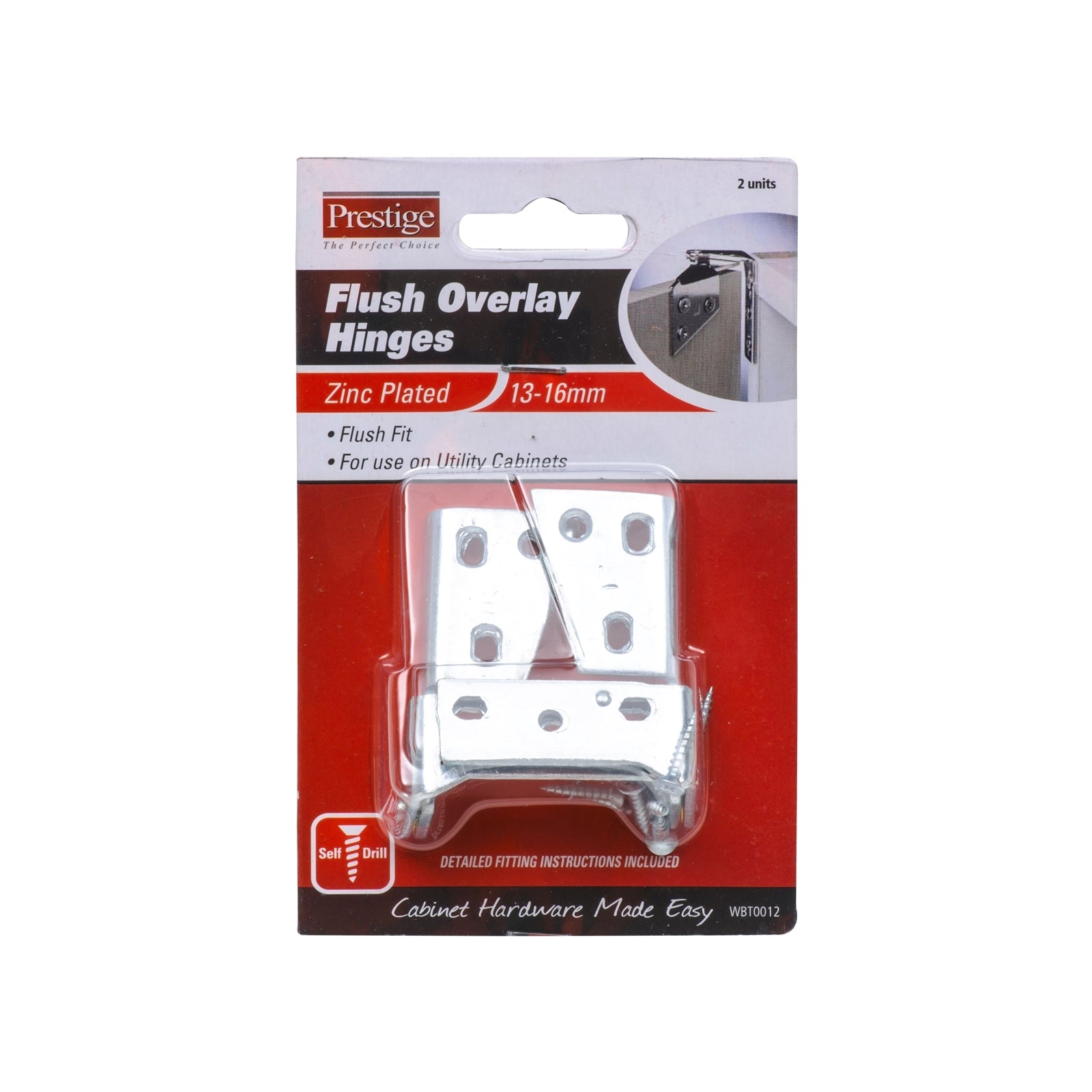 Prestige 13-16mm Zinc Plated Steel Flush Pattern Overlay Hinge - 2 Pack