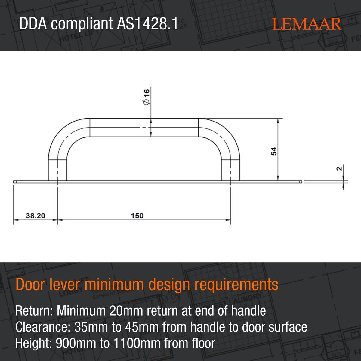 Lemaar Engraved D Pull Handle on Plate 250 x 65mm DDA Satin 304 Stainless, Indoor Outdoor