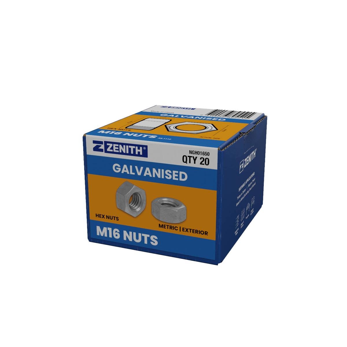 Zenith M16 Hot Dip Galvanised Hex Nuts - 20 Pack