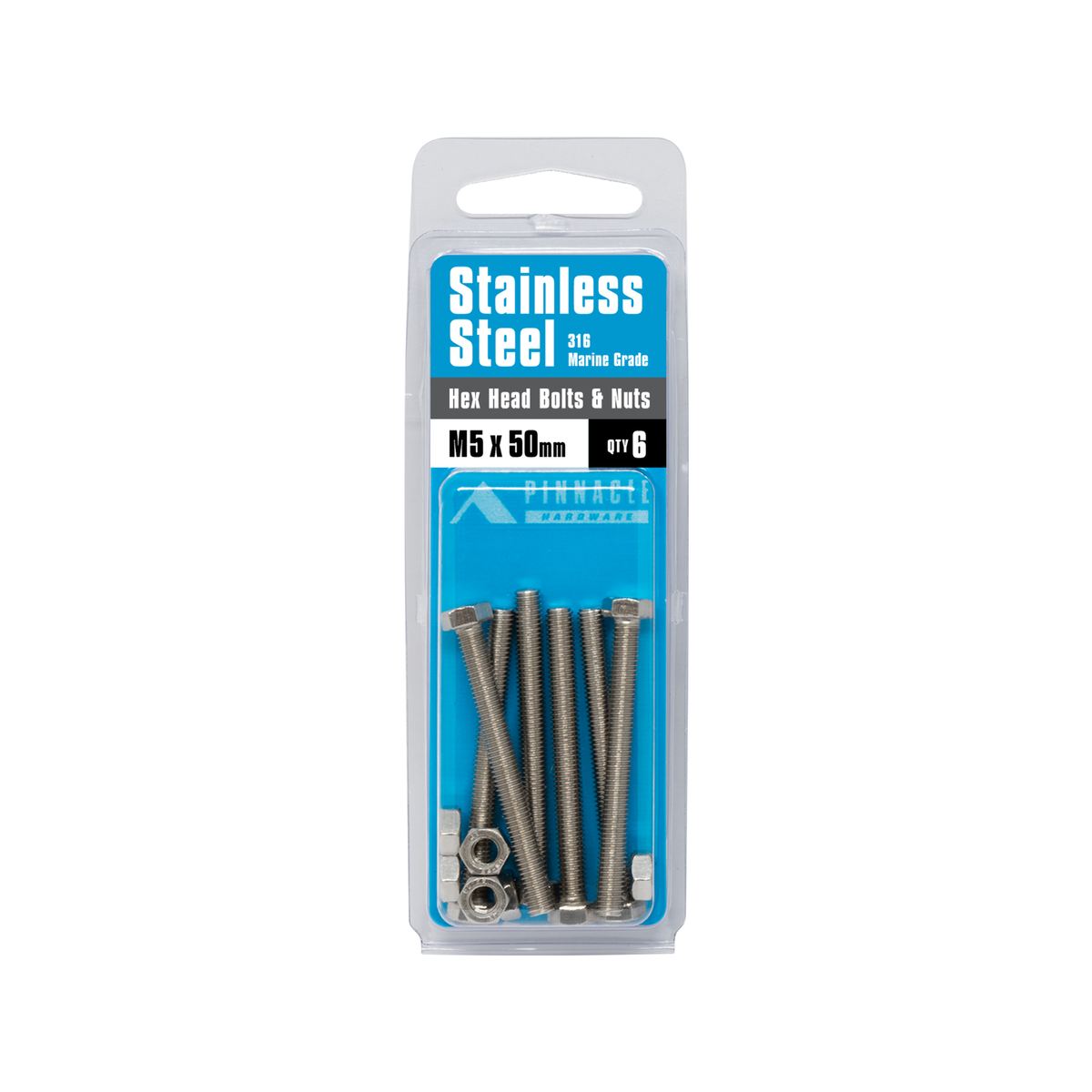 Pinnacle Hardware M5 x 50mm 316 Stainless Steel Hex Head Bolts And Nuts 6 Pack
