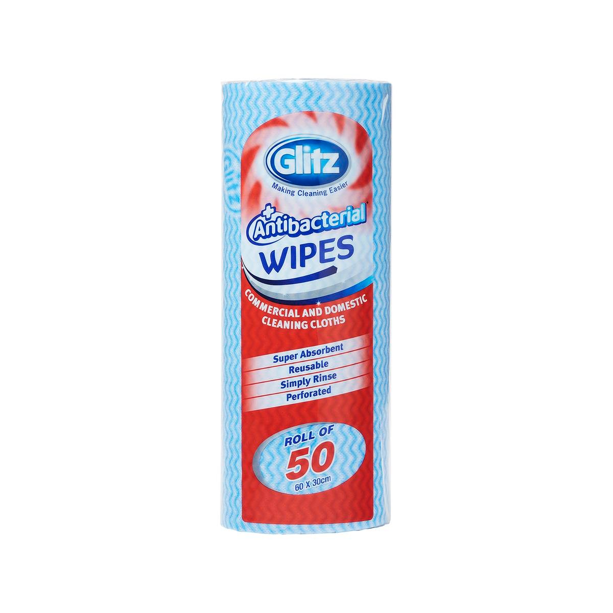 Glitz Domestic Wipes on a Roll - 50 Pack, Reusable, Blue/White