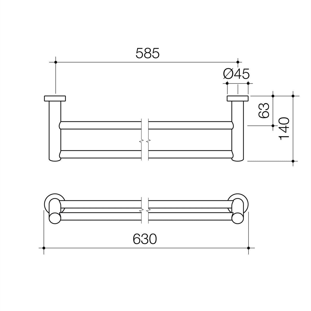 Caroma Cosmo 630mm Matte Black Double Towel Rail