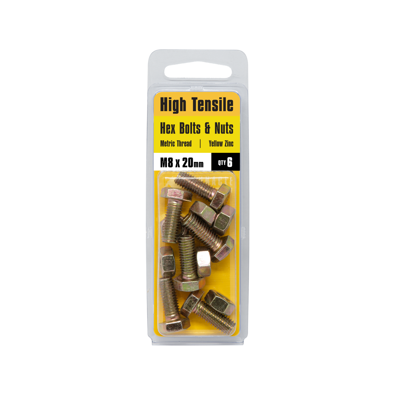Pinnacle Hardware 8 x 20mm Yellow Zinc Hi Tensile Hex Bolt and Nut 6 Pack
