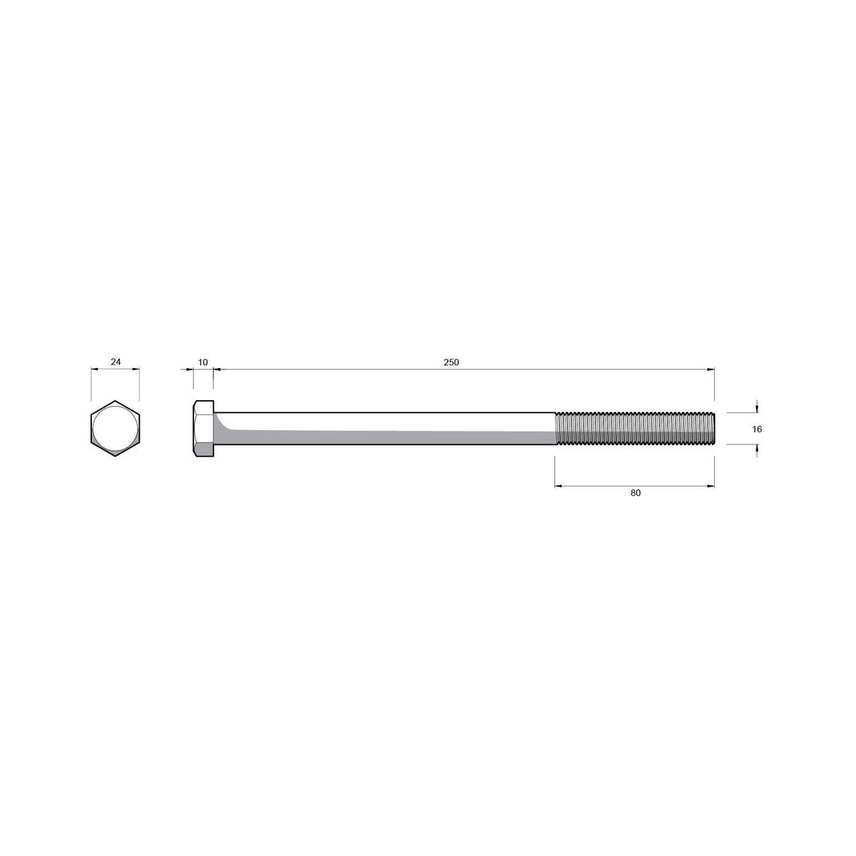 Zenith M16 x 250mm Hot Dip Galvanised Hex Head Bolt and Nut - 4.6 Grade Steel