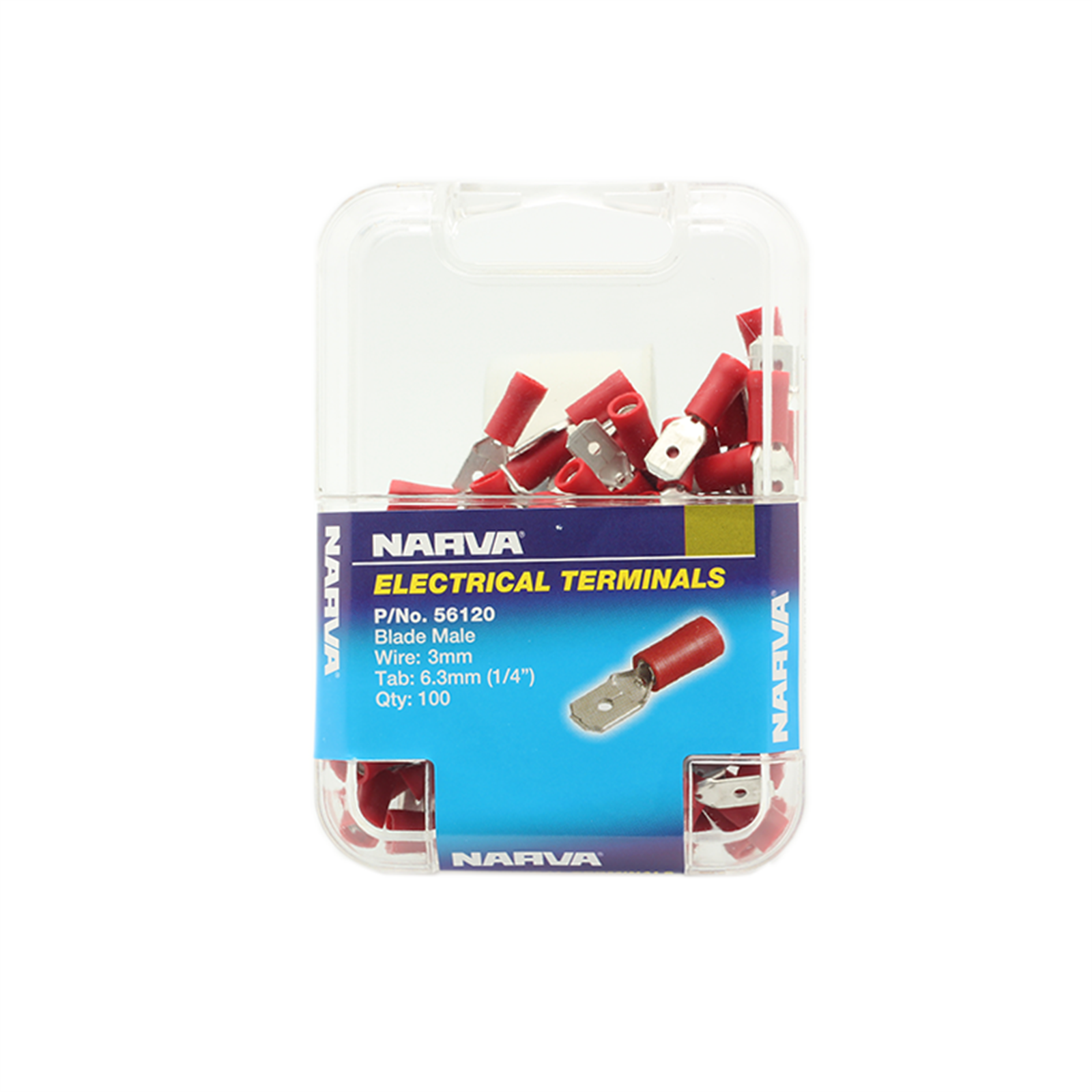 Narva Red Double Crimped Male Blade Terminal, 2.5-3mm, 6.3 x 0.8mm, 100 Pack