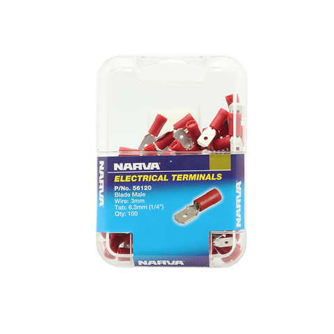 Narva Red Double Crimped Male Blade Terminal, 2.5-3mm, 6.3 x 0.8mm, 100 Pack