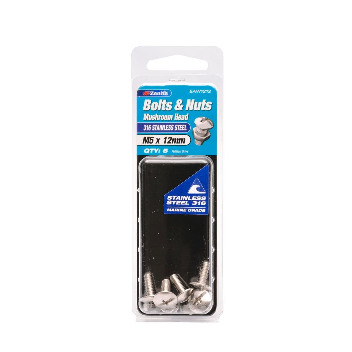 Zenith M5 x 12mm 316 Stainless Steel Mushroom Head Bolt and Nut 5 Pack