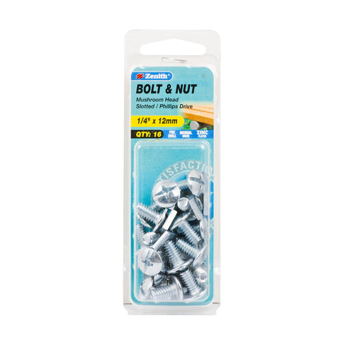 Zenith 1/4" x 12mm Zinc Plated Mushroom Head Bolt and Nut - 16 Pack