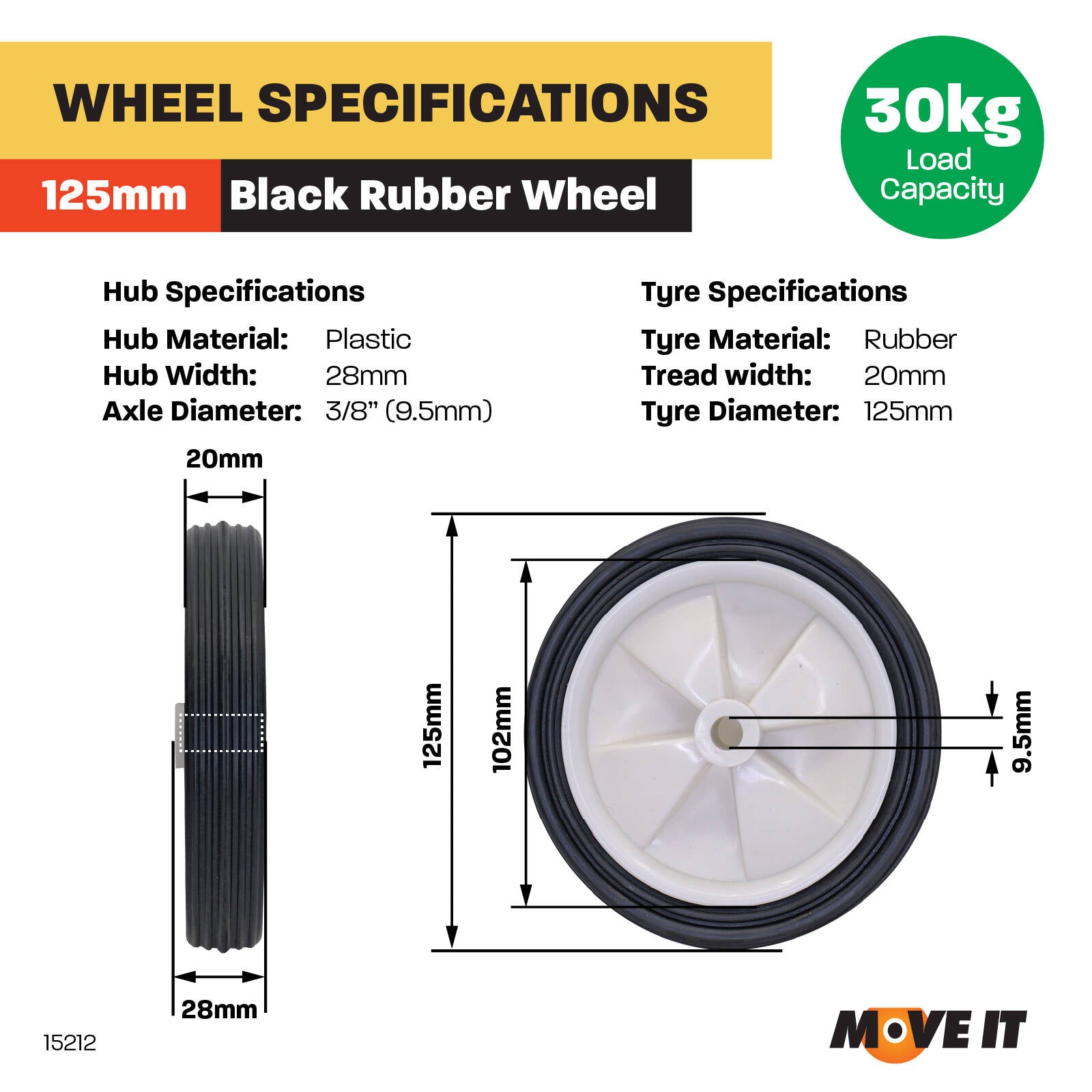 Move It 125mm Black Rubber Tyre With White Plastic Centre 30kg