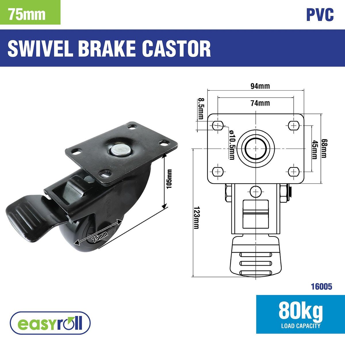 Easyroll 75mm Black PVC Swivel Brake Castor 80kg Indoor Outdoor