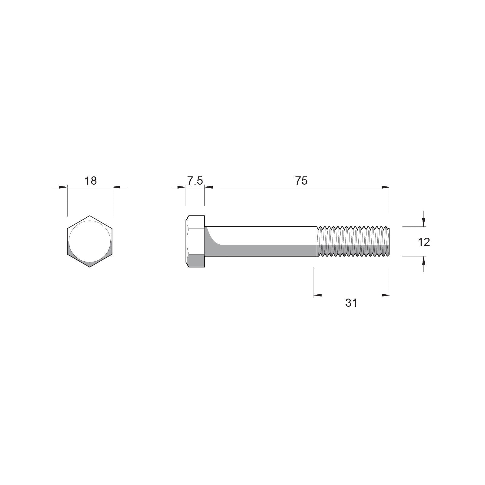 Zenith M12 x 75mm 304 Stainless Steel Hex Head Bolt and Nut